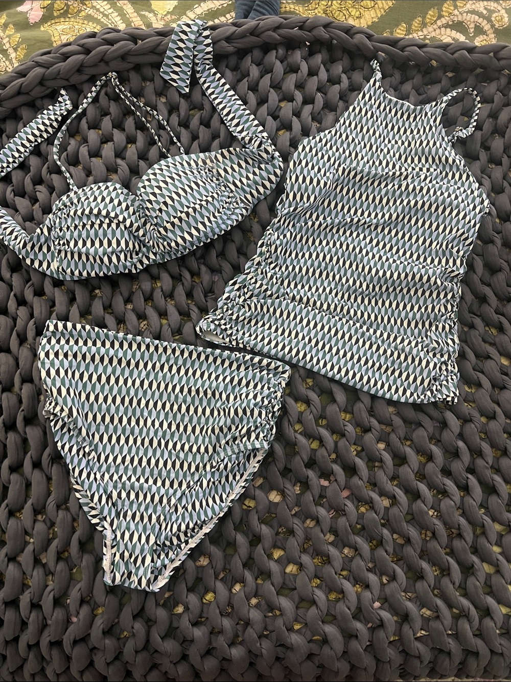 Anne Cole Geometric 3-Piece Swim Set - Blue/Teal/White/Black
